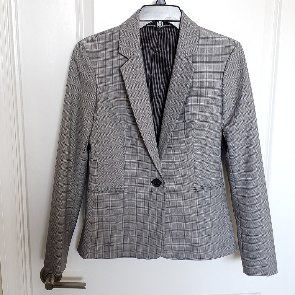 Express Gray Mini-Check Plaid One-Button Blazer - Picture 2 of 10